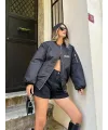 Unisex Uzun Kol Baskılı Bomber Ceket - Siyah