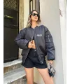 Unisex Uzun Kol Baskılı Bomber Ceket - Siyah