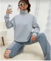 Unisex Uzun Kol Yarım Farmuarlı Yakalı Basic SweatShirt - Gri