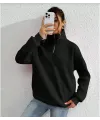 Unisex Uzun Kol Yarım Farmuarlı Yakalı Basic SweatShirt - Siyah