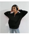 Unisex Uzun Kol Yarım Farmuarlı Yakalı Basic SweatShirt - Siyah