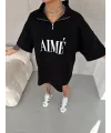Unisex Yarım Fermuarlı Baskılı T-Shirt - Siyah