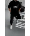 Unisex Yarım Fermuarlı Baskılı T-Shirt - Siyah