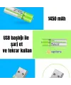Usb ile Şarj Olabilen 2 li 1450 mah Lityum Kalın Şarjlı Kalem Pil