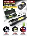 Usb Şarjlı Zoomlu Mini El Feneri 3 Mod Yan Cob Led Çakar Q5 Güçlü Işık Kutulu