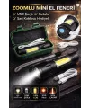 Usb Şarjlı Zoomlu Mini El Feneri Q5 Güçlü Işık Yan Cob Led Sos Mod Kutulu Şarj Kablolu Set