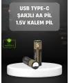 Usb Type-c Girişli Şarjlı Aa Lityum Pil | 1.5v Sabit Çıkış | 3200mwh (2li Paket)
