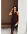 Uzun Abiye Elbise Yırtmaçlı Sırt Dekolteli Şık Gece Elbisesi - Kahverengi
