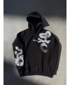 Uzun Kol Kapşonlu Baskılı SweatShirt - Siyah