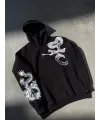 Uzun Kol Kapşonlu Baskılı SweatShirt - Siyah