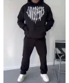 Uzun Kol Kapşonlu Baskılı SweatShirt - Siyah