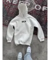 Uzun Kol Kapşonlu Göğüs Baskılı SweatShirt - Beyaz