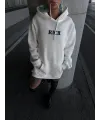 Uzun Kol Kapşonlu Göğüs Baskılı SweatShirt - Beyaz