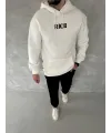 Uzun Kol Kapşonlu Göğüs Baskılı SweatShirt - Beyaz