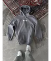Uzun Kol Kapşonlu Göğüs Baskılı SweatShirt - Gri