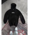 Uzun Kol Kapşonlu Göğüs Baskılı SweatShirt - Siyah