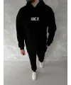 Uzun Kol Kapşonlu Göğüs Baskılı SweatShirt - Siyah