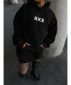 Uzun Kol Kapşonlu Göğüs Baskılı SweatShirt - Siyah