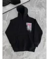 Uzun Kol Kapşonlu Ön Ve Arka Baskılı SweatShirt - Siyah