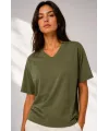 V Yaka Basic Tişört Kısa Kol Yazlık Regular Fit T-Shirt - Haki