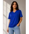 V Yaka Basic Tişört Kısa Kol Yazlık Regular Fit T-Shirt - Saks Mavisi