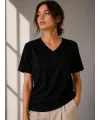 V Yaka Basic Tişört Kısa Kol Yazlık Regular Fit T-Shirt - Siyah