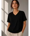 V Yaka Basic Tişört Kısa Kol Yazlık Regular Fit T-Shirt - Siyah