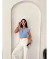 Vatkalı Kolsuz V Yaka Drapeli Crop Bluz Likralı Fit - Bebek Mavisi