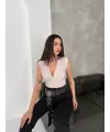 Vatkalı Kolsuz V Yaka Drapeli Crop Bluz Likralı Fit - Boyalı Gri