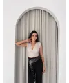 Vatkalı Kolsuz V Yaka Drapeli Crop Bluz Likralı Fit - Boyalı Gri