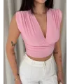 Vatkalı Kolsuz V Yaka Drapeli Crop Bluz Likralı Fit - Pembe