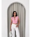 Vatkalı Kolsuz V Yaka Drapeli Crop Bluz Likralı Fit - Pembe