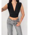 Vatkalı Kolsuz V Yaka Drapeli Crop Bluz Likralı Fit - Siyah