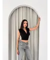 Vatkalı Kolsuz V Yaka Drapeli Crop Bluz Likralı Fit - Siyah