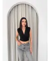 Vatkalı Kolsuz V Yaka Drapeli Crop Bluz Likralı Fit - Siyah