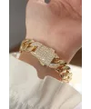 Vip Seri Pirinç Ortası Zirkon Taşlı Gold Renk Gurmet Bileklik