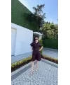 Yakalı Gömlek Kemerli Şortlu Takım - Bordo