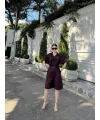 Yakalı Gömlek Kemerli Şortlu Takım - Bordo