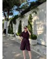Yakalı Gömlek Kemerli Şortlu Takım - Bordo