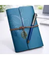 Yaprak Desenli Deri Defter Ve Lacivert Metal Roller Kalem Seti