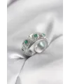 Yeşil Zirkon Taşlı Gümüş Renk Vintage Kadın Yüzük