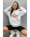 Yılbaşı Merry Christmas Baskılı Oversize Kapüşonlu Sweatshirt Hoodie - Beyaz