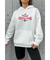Yılbaşı Merry Christmas Baskılı Oversize Kapüşonlu Sweatshirt Hoodie - Beyaz