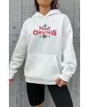Yılbaşı Merry Christmas Baskılı Oversize Kapüşonlu Sweatshirt Hoodie - Beyaz