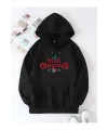 Yılbaşı Merry Christmas Baskılı Oversize Kapüşonlu Sweatshirt Hoodie - Siyah