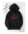 Yılbaşı Merry Christmas Baskılı Oversize Kapüşonlu Sweatshirt Hoodie - Siyah