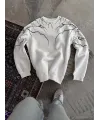 Yıldırım Baskılı Bisiklet Yaka SweatShirt - Beyaz