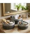 Yuvarlak Bambu Kenarlı Organizer Sepet (Gri, Ahşap Tabanlı)