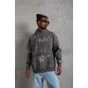 Erkek Baskılı Kapüşonlu Ribanalı Sweat - Gri