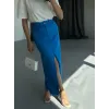 GABARDİN UZUN ÖNDEN YIRTMAÇLI ETEK - Saks